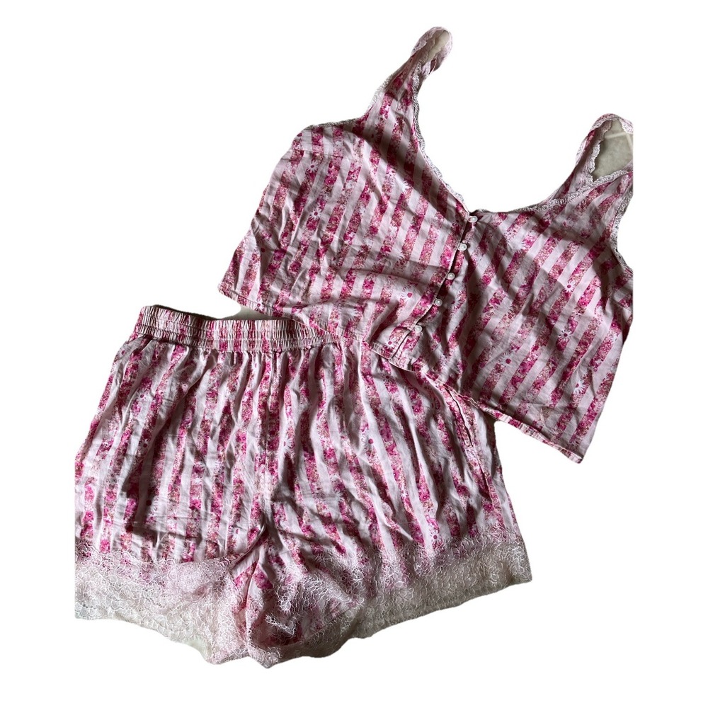 Victoria Secret Camisole Set Medium Pink Stripe Lace Trimmed Button Camisole